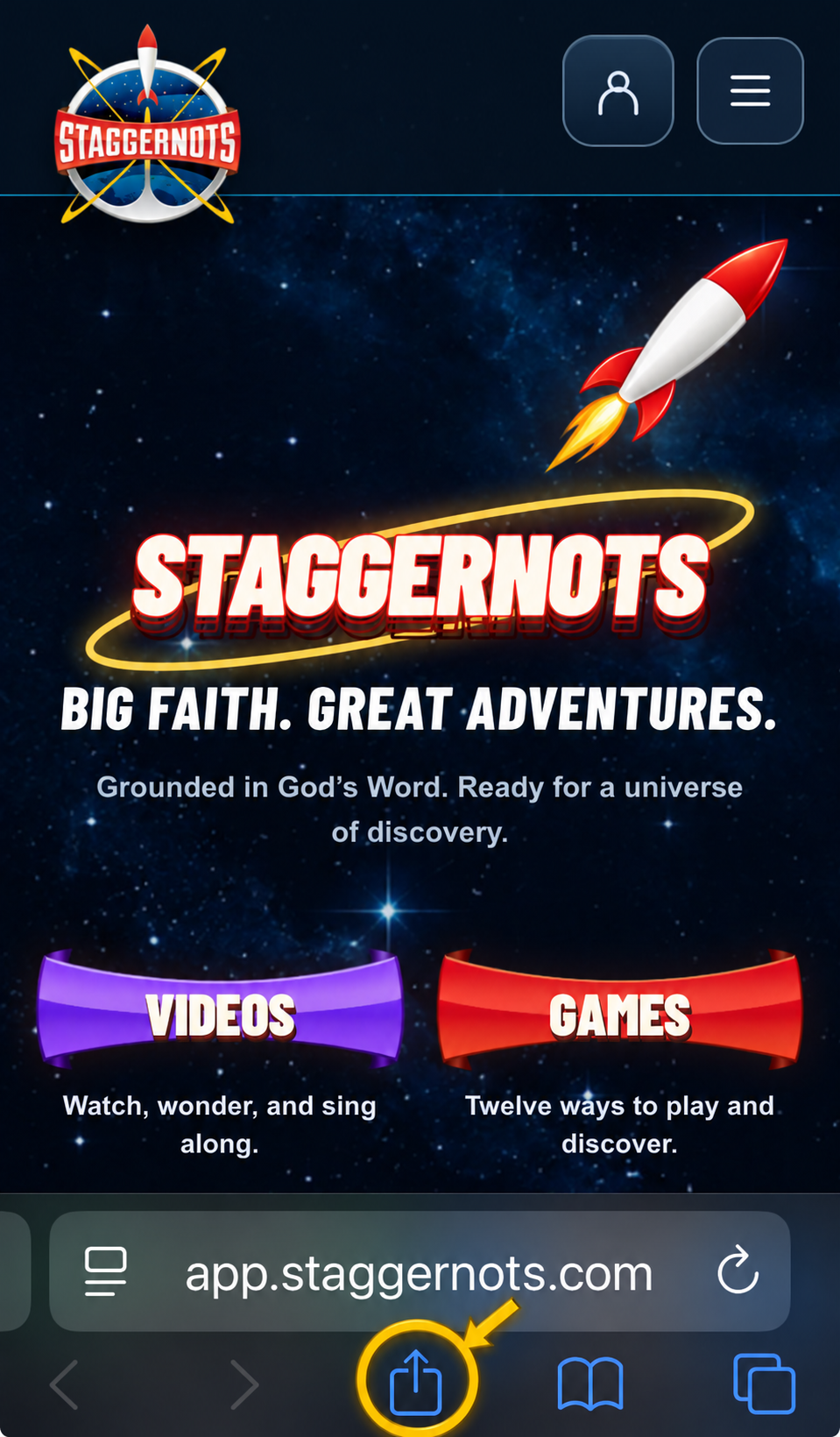 Safari showing the Staggernots site, with the Share button in the bottom toolbar circled in yellow
