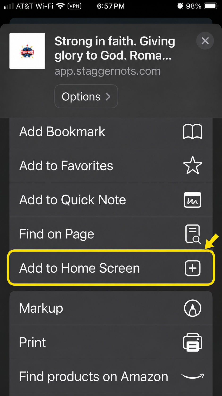 Safari Share options with Add to Home Screen outlined in yellow