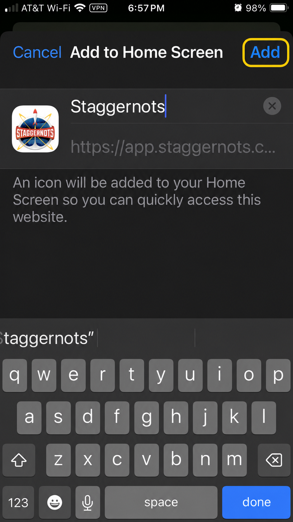Add to Home Screen confirmation with the blue Add button outlined in yellow