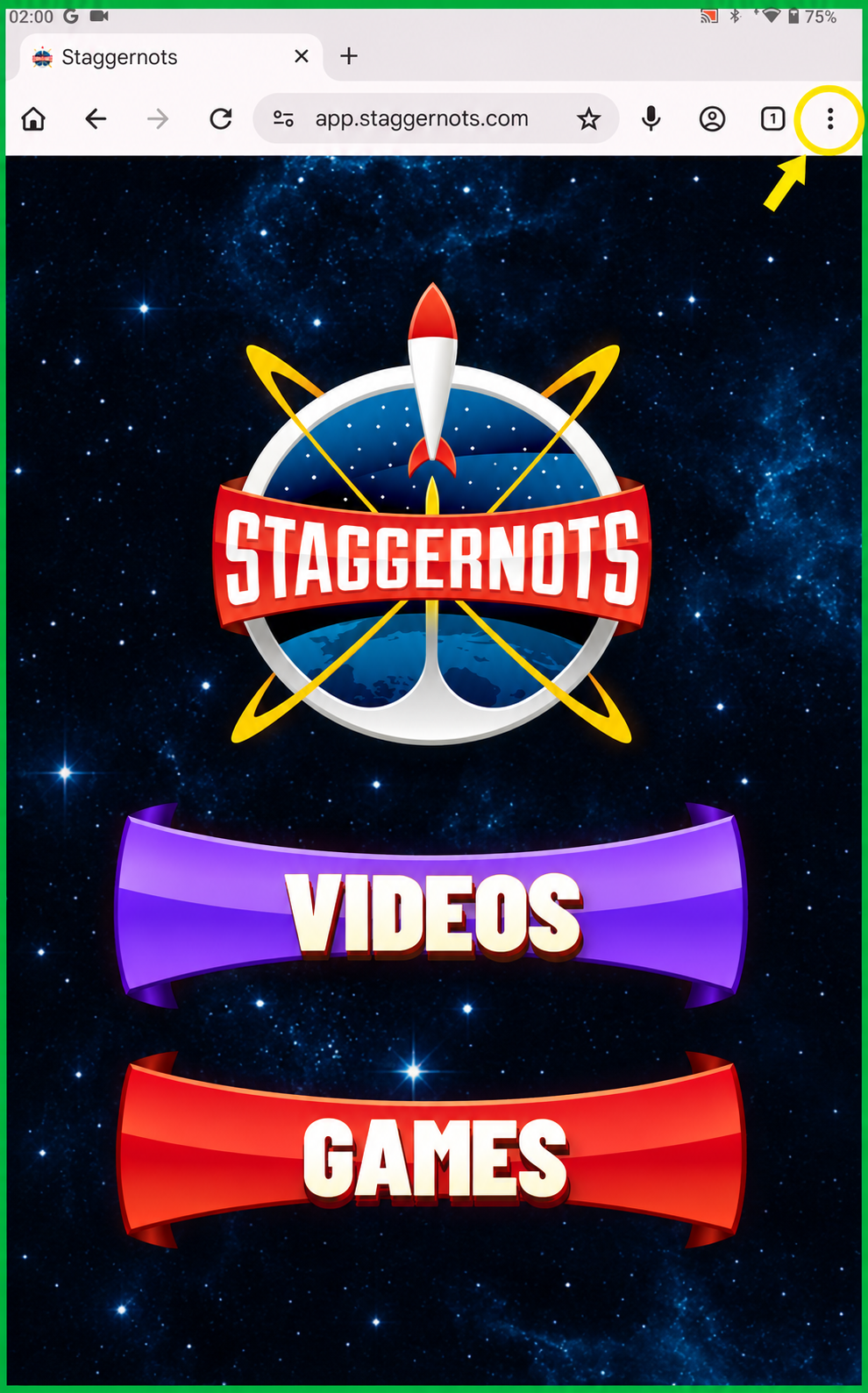 Android Chrome showing the Staggernots site with the three-dot menu button circled in yellow