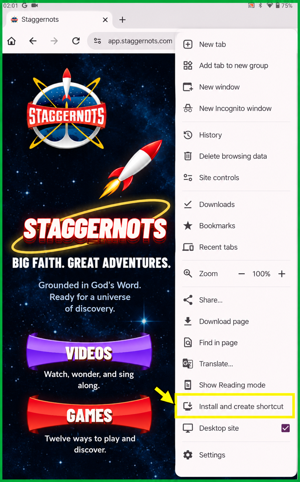 Android Chrome menu with Install and create shortcut outlined in yellow