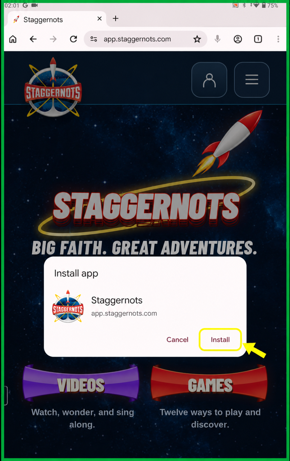 Android Install app confirmation for Staggernots with the Install button highlighted in yellow